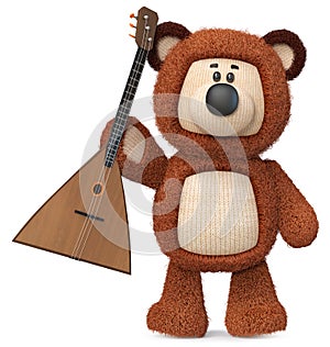 3d illustration funny brown bear playing balalaika