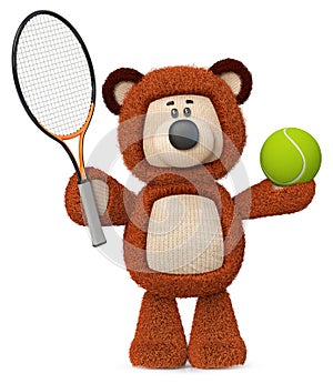 3d illustration funny brown bear playing tennis