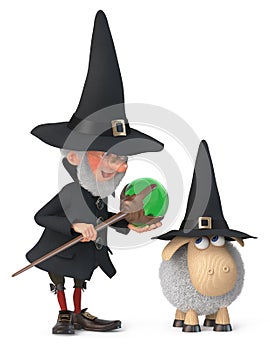 3d illustration funny fairy wizard with sheep