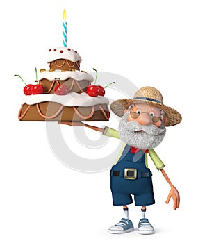 3d illustration funny farmer with a big cake