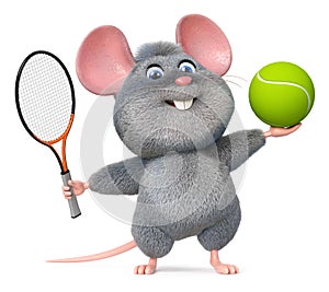 3d illustration funny mouse playing tennis