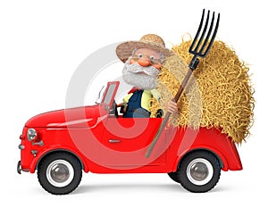3D illustration funny old grandfather of the farmer on car