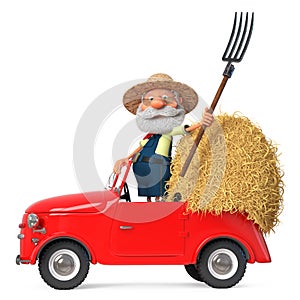 3D illustration funny old grandfather of the farmer on car