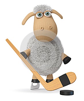 3d illustration funny sheep with a stick and a puck