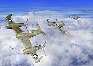 3D Illustration of a futuristic Airplane Squadron Flying in the Clouds