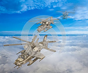 3D Illustration of a futuristic helicopter squadron