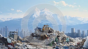 3D illustration of a garbage dump with a mountain in the background, Generative AI illustrations