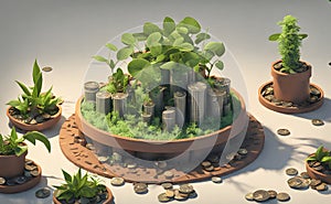 3d illustration of a garden with trees, grass and coins.