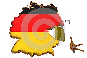 3D illustration of Germany map in black, red, gold of German flag with border, on right opened padlock and bunch of keys, isolated