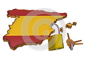 3D illustration of Germany map in black, red, gold of German flag with relief border, on right is opened padlock and keys, isolate