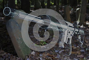 3D illustration of a ghost gun that is an AR-15 ghosted in front of grave markers in an old graveyard