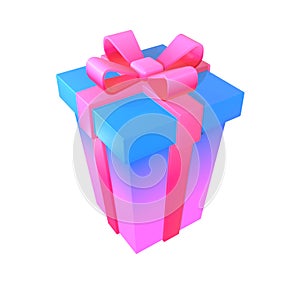 3d illustration of gift box surprise with gradient. With a pink bow on a white background. Blue and pink gift box