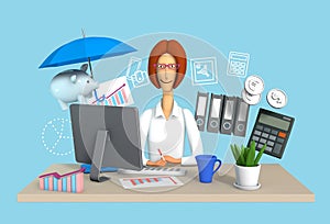 3d illustration. The girl is an accountant in the workplace