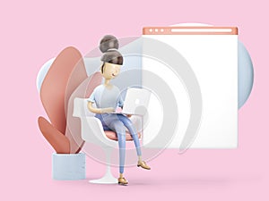 3d illustration. the girl is on the internet. social media concept