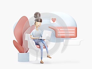 3d illustration. the girl is on the internet. social media concept