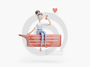 3d illustration. the girl is on the internet. social media concept