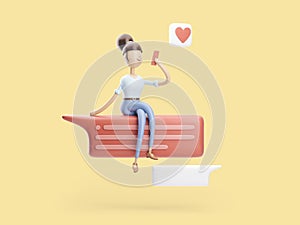 3d illustration. the girl is on the internet. social media concept