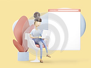 3d illustration. the girl is on the internet. social media concept