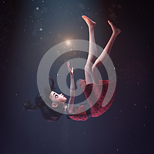 3d illustration of a girl in a retro dress falling down in deep space with stars. Young cartoon woman hovering in air.