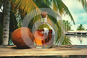 3d illustration with a glass bottle of coconut oil with a cork and half a coconut on a wooden table