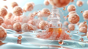 3D illustration of a glass bottle containing a yellow liquid surrounded by pink and orange spheres floating in a blue liquid