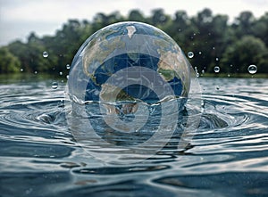 3d illustration of a globe is sinking in a lake, surrounded by ripples and bubbles.