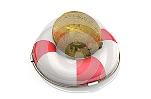 3d illustration: gold bitcoin token on a Lifebuoy,  isolated on white background. Cryptocurrency rescue, economic and information