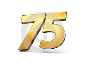 3D illustration of a gold number 75 and its shadow isolated on a white background