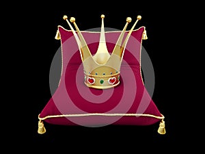 3d illustration of Gold Princess crown on the magentas pillow isolated black