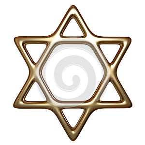 3D illustration of Gold star of David isolated on white background