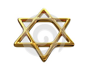 3D illustration of Gold star of David isolated on white background