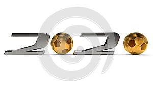 3D illustration of Golden footballs instead of zeros on the date of The new year 2020. Festive composition for sports calendars,