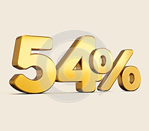 3d illustration of golden number 54 percent isolated on beige background with shadow