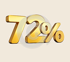 3d illustration of golden number 72 percent isolated on beige background with shadow