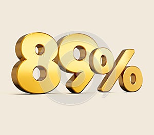 3d illustration of golden number 89 percent isolated on beige background with shadow