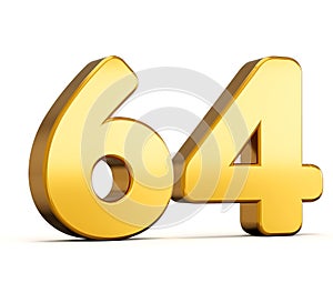 3d illustration of golden number sixty four or 64 isolated on white background with shadow.