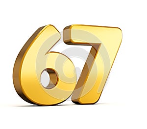3d illustration of golden number sixty seven or 67 isolated on white background with shadow.