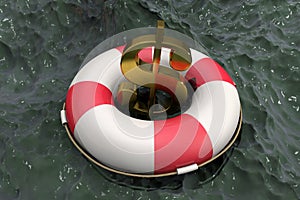 3d illustration: Golden symbol of the dollar on a Lifebuoy on the background of muddy water. Support for the United States economy