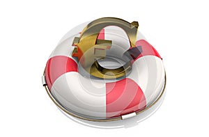 3d illustration: Golden symbol of the euro on a Lifebuoy, isolated on white background. Support for the European Union economy. Fi