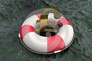 3d illustration: Golden symbol of the pound sterling on a Lifebuoy on the background of muddy water. Support for the UK economy. F
