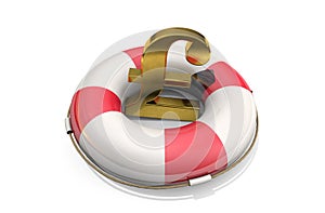 3d illustration: Golden symbol of the pound sterling on a Lifebuoy,  isolated on white background. Support for the UK economy. Fin