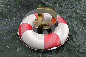3d illustration: Golden symbol of the rouble on a Lifebuoy on the background of muddy water. Support for the Russian economy. Fina