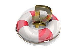 3d illustration: Golden symbol of the rouble on a Lifebuoy, isolated on white background. Support for the Russian economy. Financi