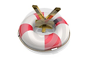 3d illustration: Golden symbol of the yen / yuan on a Lifebuoy, isolated on white background. Support for the Japanese / Chinese e