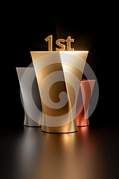 3d illustration of golden winner cup unique design, with 1st place sign