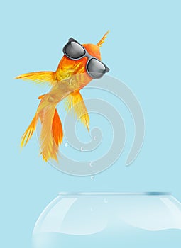 3D illustration goldfish wear sunglasses jumping from the fishbowl on blue background