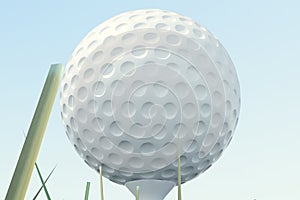 3D illustration Golf ball and ball in grass, close up view on tee ready to be shot. Golf ball on sky background.