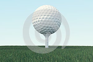 3D illustration Golf ball and ball in grass, close up view on tee ready to be shot. Golf ball on sky background.