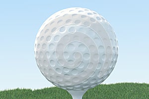 3D illustration Golf ball and ball in grass, close up view on tee ready to be shot. Golf ball on sky background.