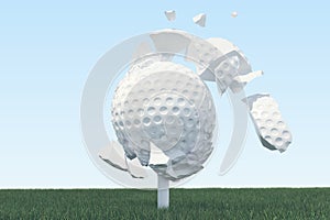 3D illustration Golf ball Scatters to pieces after a strong blow and ball in grass, close up view on tee ready to be